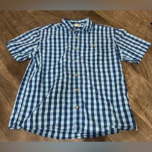 Duluth Trading Co. Short Sleeve Button Up Shirt Men's Large Blue Plaid 100% Ctn